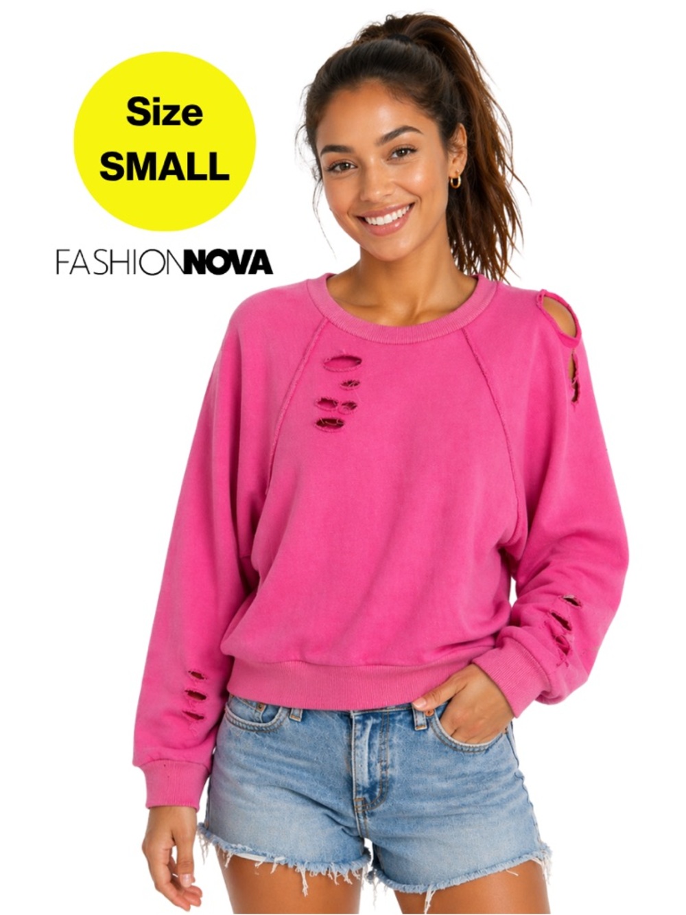 3/for $15 🍒 FASHION NOVA Pink Distressed Ripped Crewneck Sweatshirt (Size Small)